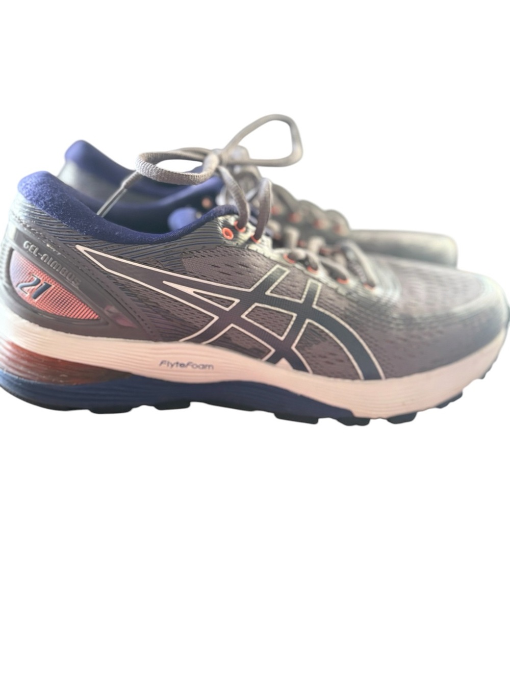 ASICS Woman’s Gray and Navy Running Shoes with Coral Highlights